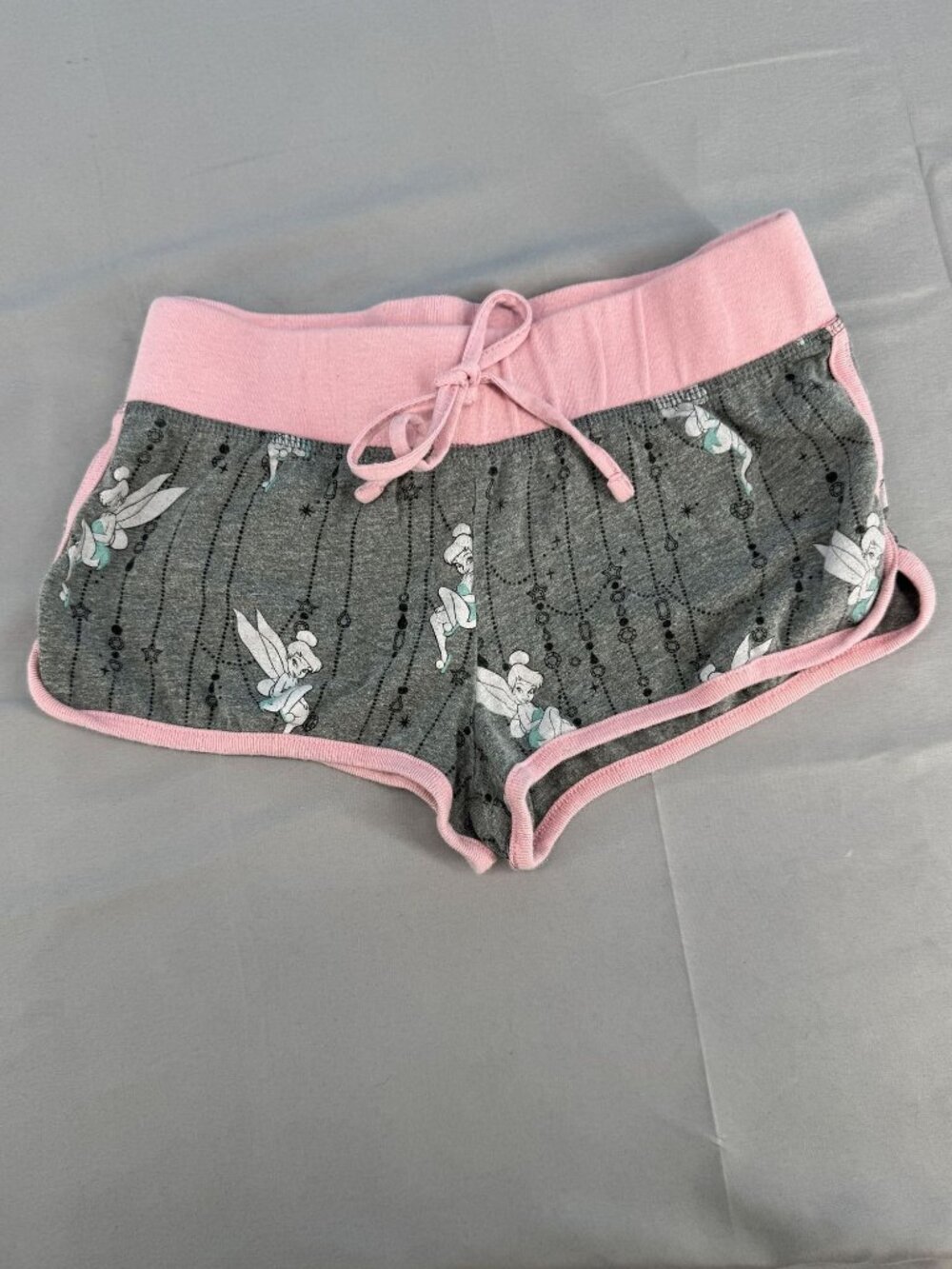 Disney Womens Tinker Bell Gray Pink Pajama Shorts Drawstring Sleepwear Size XS